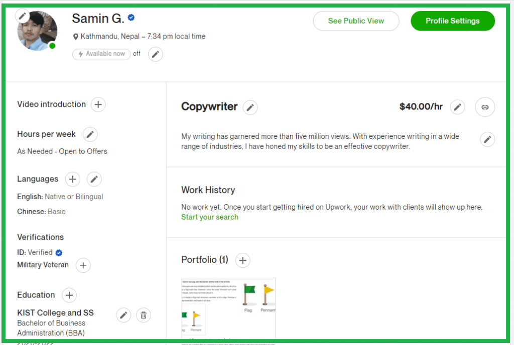 The Upwork profile I started with.