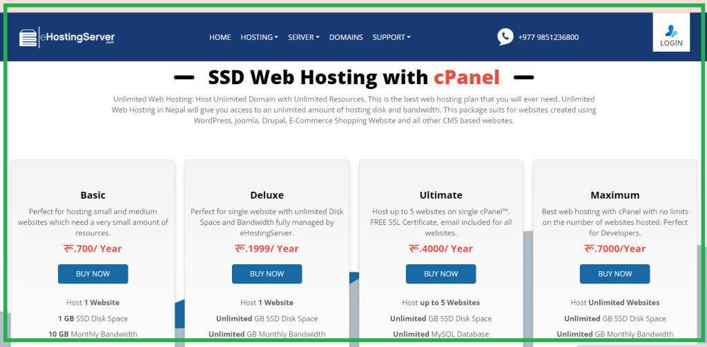 Web hosting packages of Ehosting Server.