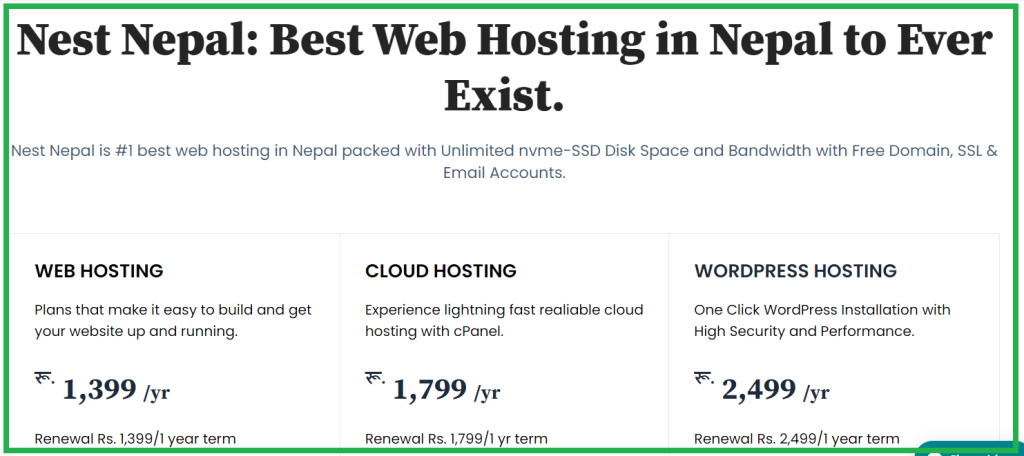 Homepage and hosting details of Nest Nepal.